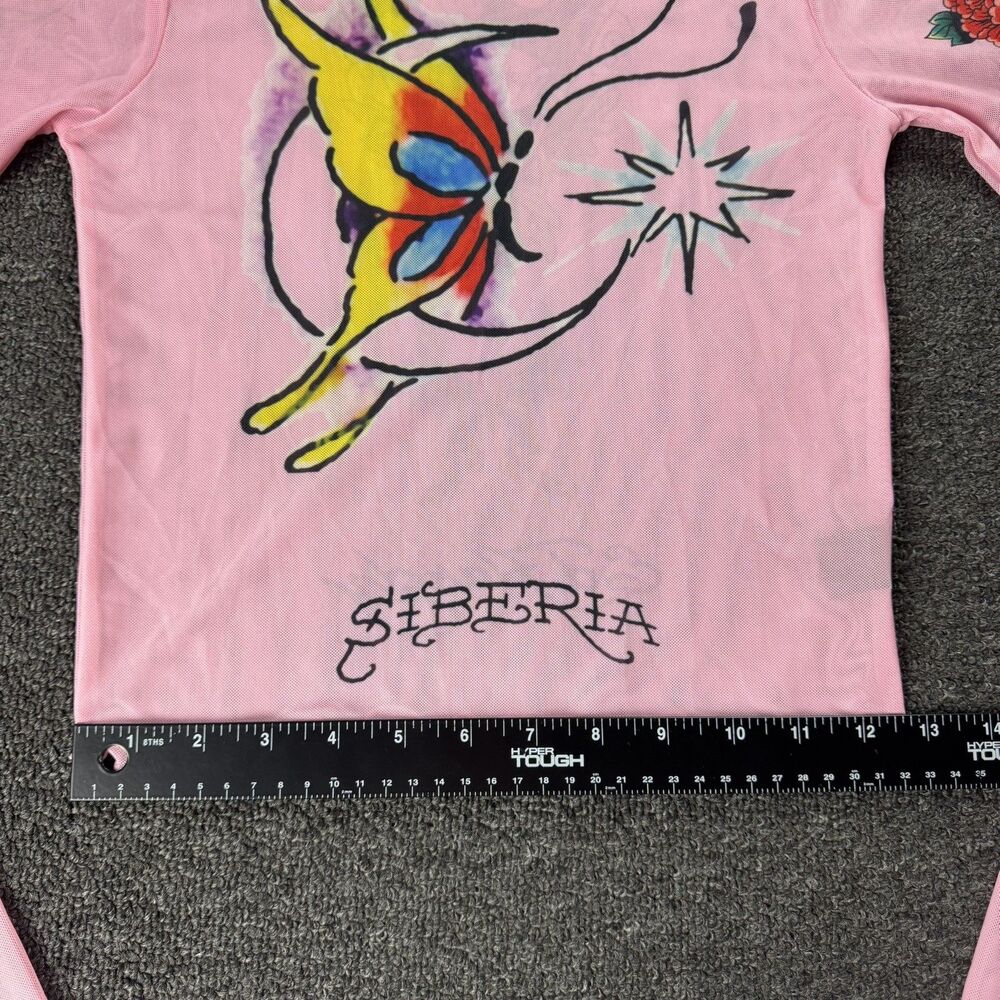 Ed Hardy X Siberia Halls Pink Mesh Tattoo Long Sleeve Top Size Sm Y2K Sheer - Picture 11 of 15